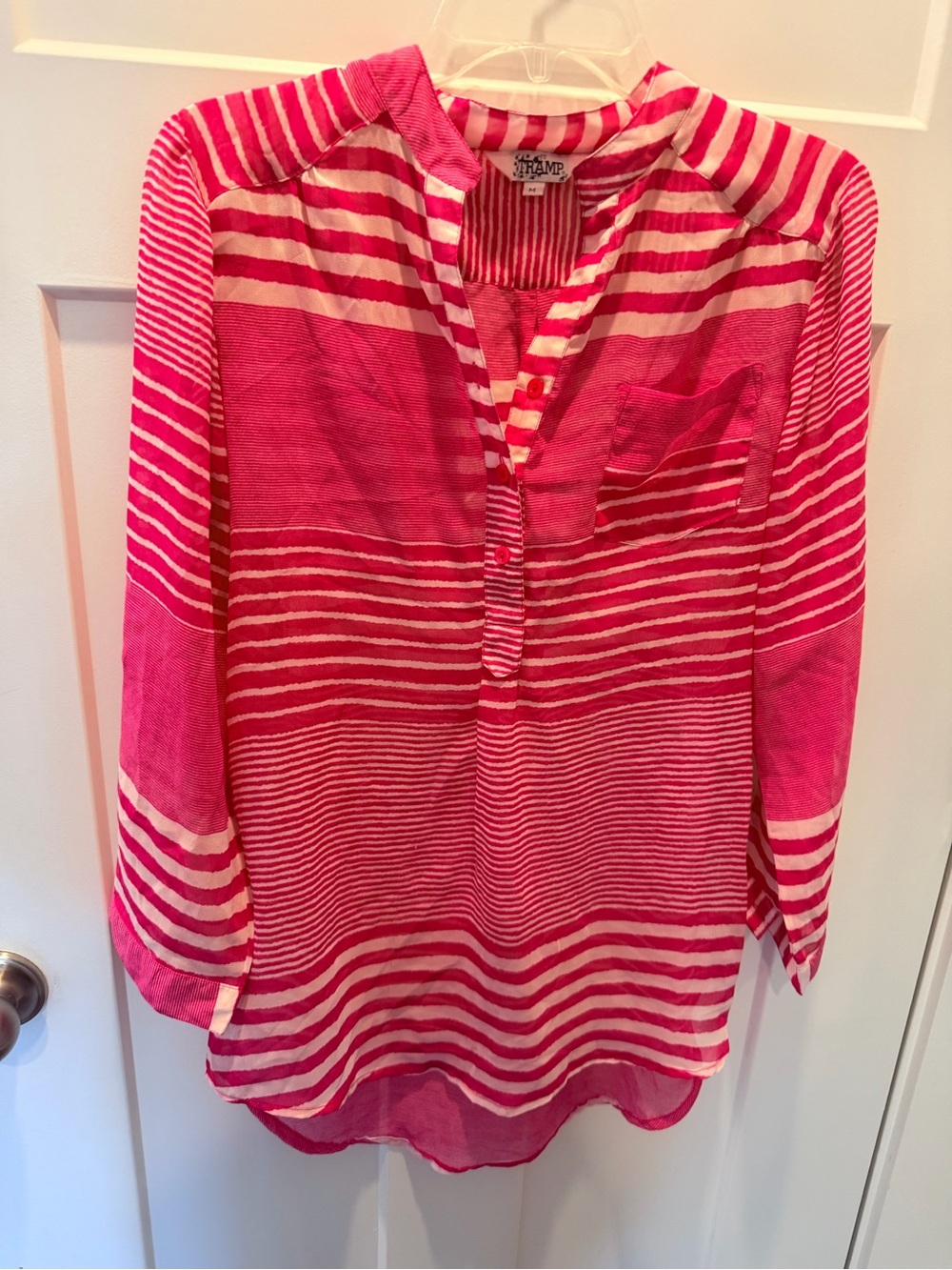 Tramp Medium Pink White Mixed Stripe Long Sleeve Button Front Blouse